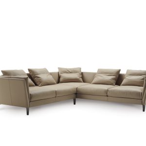 The timeless Bretagne Sofa from Poltrona Frau in Beige Fabric and Leather - Side Angle View